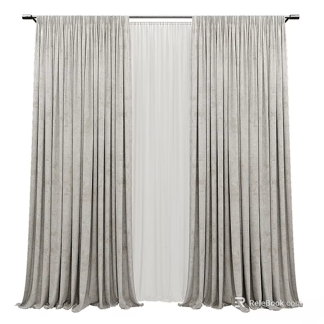 Gray Pleated Curtains With Sheer Inner Layer For Elegant Window Decoration 3d model