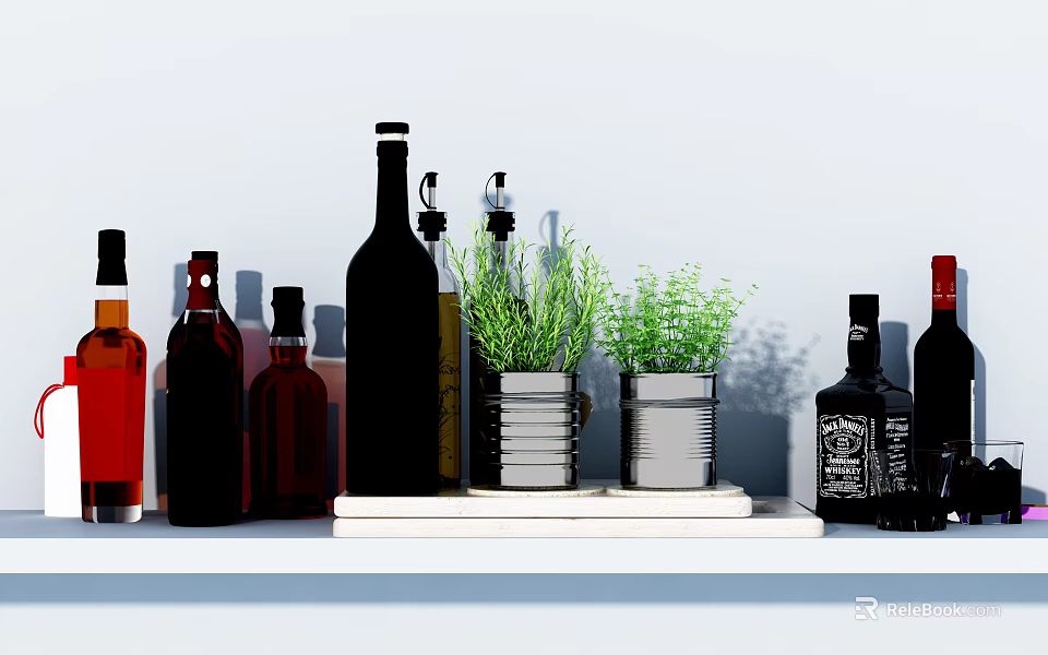 Various Wine Bottles With Green Plants In Metal Cans On White Shelf 3d model 