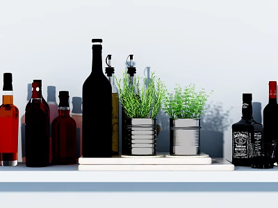 Various Wine Bottles With Green Plants In Metal Cans On White Shelf 3d model