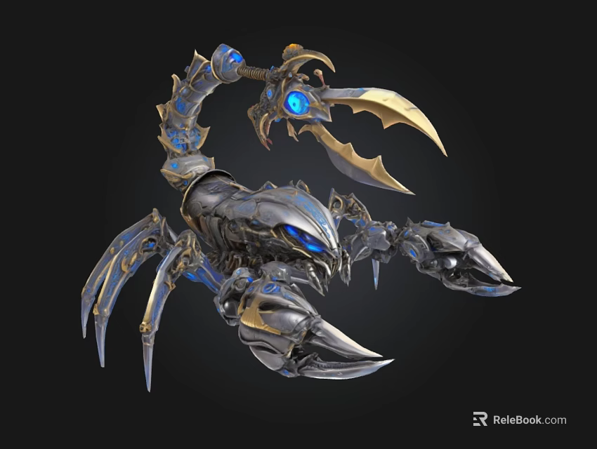 Metallic Scorpion 3D Model With Blue Glowing Elements And Golden Accents 3d model 