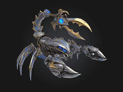 Metallic Scorpion 3D Model With Blue Glowing Elements And Golden Accents 3d model