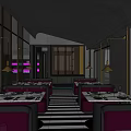 Stylish Restaurant Interior With Colorful Patterned Wall Red Seating And Striped Flooring