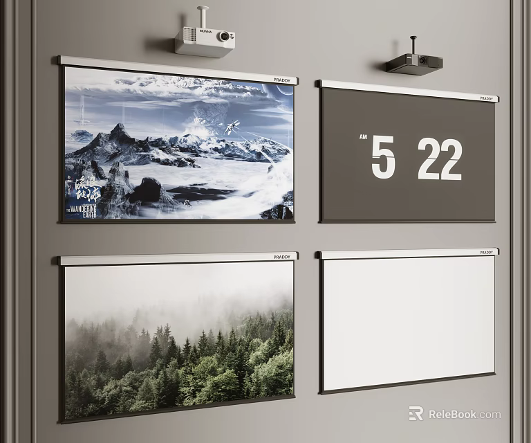 Efficient Wall Mounted Projection Monitoring Setup With Multiple Screens And Projectors 3d model
