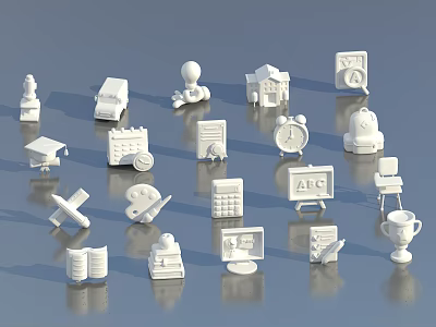 Other White Small Models Featuring Various Objects Like Car House And Trophy 3d model