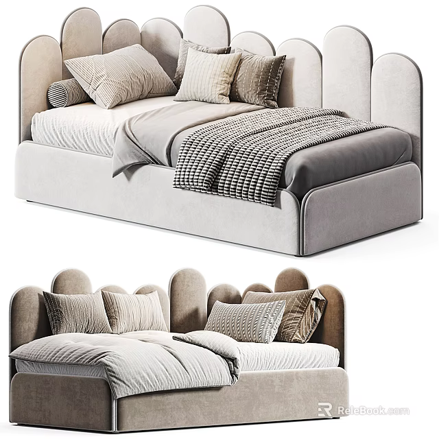 Modern Single Bed With Upholstered Headboard Light Gray Fabric And Cozy Pillows 3d model 