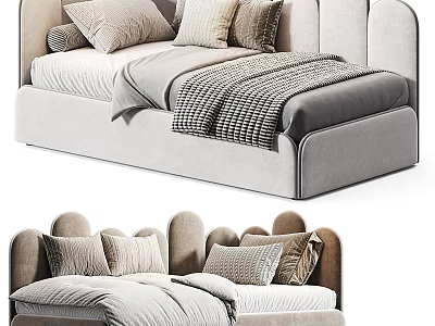 Modern Single Bed With Upholstered Headboard Light Gray Fabric And Cozy Pillows 3d model