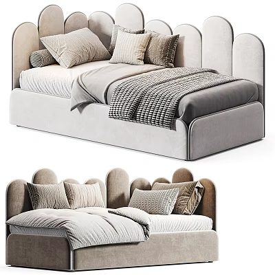 Modern Single Bed With Upholstered Headboard Light Gray Fabric And Cozy Pillows 3d model