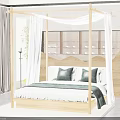 Modern Bedroom Wooden Canopy Bed with White Curtains Green Cushions and Headboard