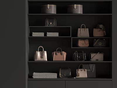 Stylish Bags And Boxes Display On Black Shelf With Various Colors And Stacked Items 3d model
