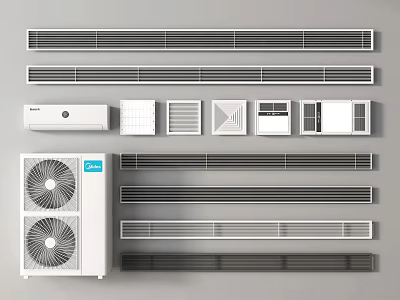 Different Types of Air Conditioner Vents with Grille Designs and Outdoor Unit 3d model