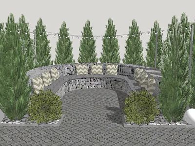 Curved Outdoor Chairs with Striped Cushions Surrounded by Trees and String Lights on Paved Patio 3d model