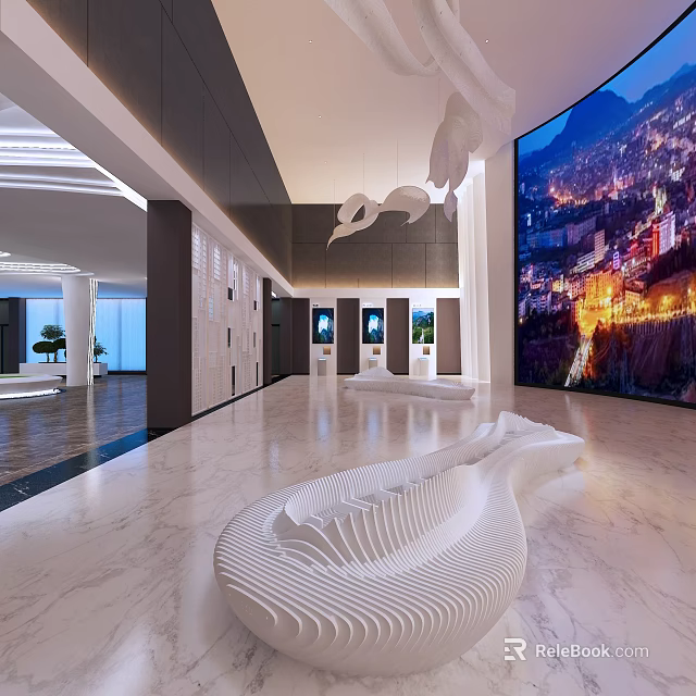 Modern Lounge Area With Marble Floor Sculptural Seating And Large Screen 3d model 