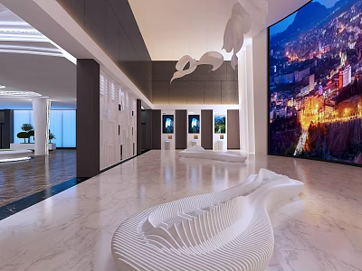Modern Lounge Area With Marble Floor Sculptural Seating And Large Screen 3d model