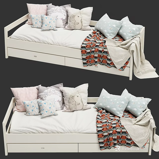 White Frame Children's Bed With Storage Drawers Multiple Pillows And Patterned Light Colored Blankets 3d model