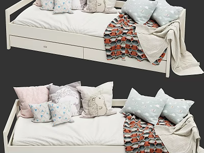 White Frame Children's Bed With Storage Drawers Multiple Pillows And Patterned Light Colored Blankets 3d model