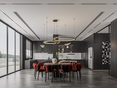 Modern Restaurant Interior With Large Windows Black Cabinets Red Chairs And Circular Pendant Lights 3d model