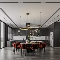 Modern Restaurant Interior With Large Windows Black Cabinets Red Chairs And Circular Pendant Lights