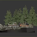 Cartoon Forest Scene With Log Cabin Tall Pine Trees Rocky Ground And Green Mat