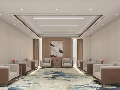 Hotel Public Lounge Area With Beige Sofas Pink Flowers Wall Painting And Patterned Carpet 3d model