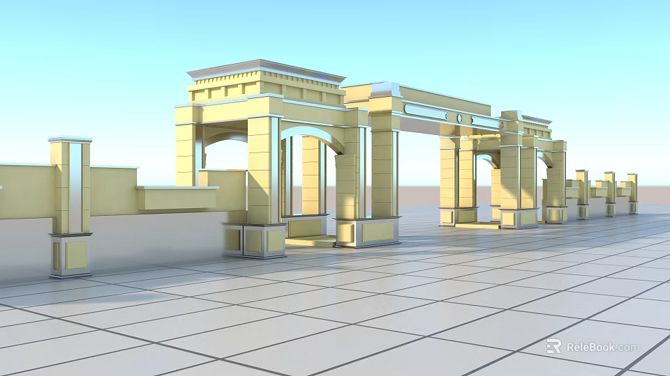 Classical Entrance Gate with Yellow Arches Columns and Ornate Top Design on Tiled Floor 3d model 