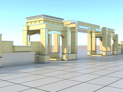 Classical Entrance Gate with Yellow Arches Columns and Ornate Top Design on Tiled Floor 3d model