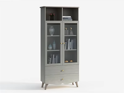 Gray Modern Storage Cabinet With Glass Doors Drawers For Books And Decorations 3d model