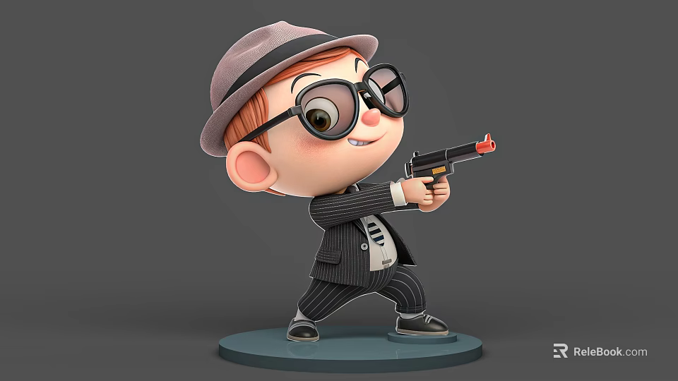 Cartoon Game Movie Character Wearing Hat Glasses And Black Suit Holding Toy Gun 3d model 