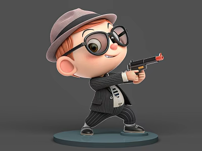 Cartoon Game Movie Character Wearing Hat Glasses And Black Suit Holding Toy Gun 3d model