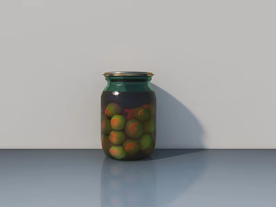 Decorative Ornament Set With Glass Jar Golden Lid And Colorful Balls On Gray Surface 3d model
