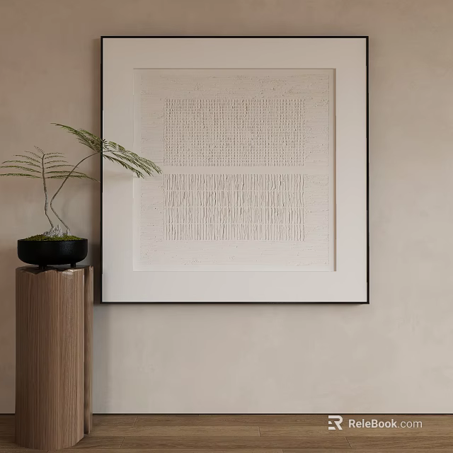 Framed Abstract Painting On Wall With Decorative Fern Plant On Wooden Pedestal 3d model 