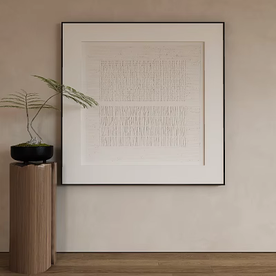 Framed Abstract Painting On Wall With Decorative Fern Plant On Wooden Pedestal 3d model