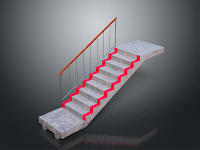 Concrete Staircase Design With Red Accent Steps And Wooden Metal Handrail 3d model