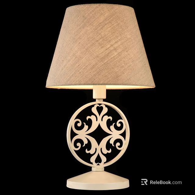 Stylish Table Lamp With Beige Fabric Lampshade And White Ornate Circular Base 3d model 