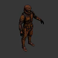 Man wearing rusted metallic armor with helmet and orange glowing eyes