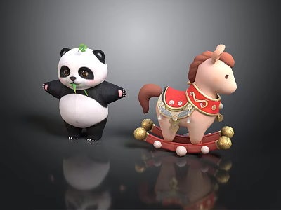 Cute Panda Plush Toy With Green Leaf And Red Rocking Horse With Golden Decorations 3d model