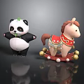 Cute Panda Plush Toy With Green Leaf And Red Rocking Horse With Golden Decorations