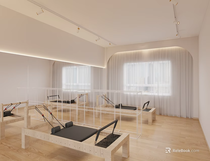 Bright Pilates Studio With Multiple Reformers Wooden Flooring And Large Windows 3d model 