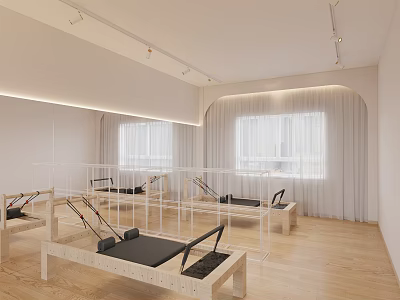 Bright Pilates Studio With Multiple Reformers Wooden Flooring And Large Windows 3d model