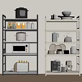 Modern Kitchen Storage Shelves With Rice Cooker Microwave Bowls Plates And Coffee Maker