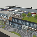 Modern Commercial Building With Glass Facade Rooftop Greenery Brand Shops And Open Plaza