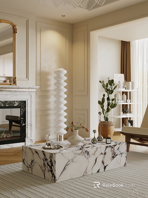 Elegant Modern Living Room Coffee Table with Marble Top White Spiral Decor and Green Plant 3d model 