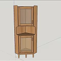 Wooden Corner Cabinet with Glass Door and Woven Panel Against Floral Patterned Wallpaper