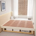 Double Bed With Wooden Slat Design In Modern Bedroom With Books Kettle And Wooden Blinds