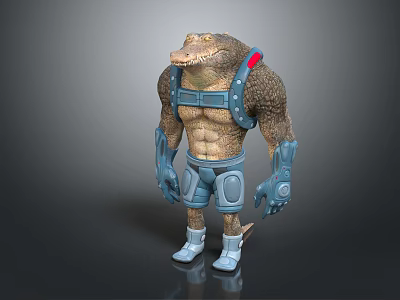 3D Detailed Muscular Crocodile Character With Blue Mechanical Armor Gear Standing Pose 3d model