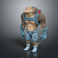 3D Detailed Muscular Crocodile Character With Blue Mechanical Armor Gear Standing Pose
