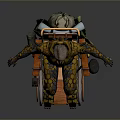 Person In Wheelchair With Biomechanical Armor And Intricate Yellow Brown Design