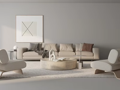 Modern Minimalist Sofa and Coffee Table Set With Throw Pillows Armchairs and Wall Art 3d model