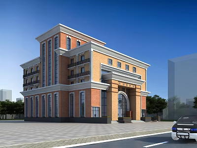 Traditional Multi storey Office Building With Red Brick Exterior Arched Entrance And Tree Lined Surroundings 3d model