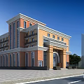Traditional Multi storey Office Building With Red Brick Exterior Arched Entrance And Tree Lined Surroundings