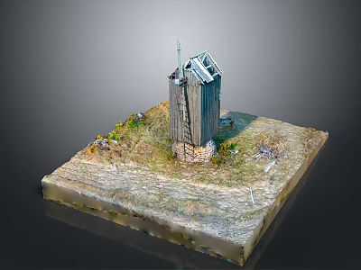 Detailed Windmill Model With Wooden Structure On Square Base And Grass Stones 3d model